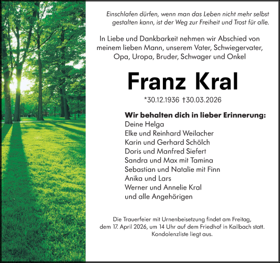 Traueranzeige von Franz Kral von Odenwälder Echo