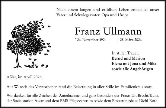 Traueranzeige von Franz Ullmann von Wetzlarer Neue Zeitung