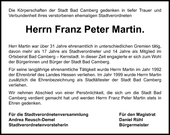 Traueranzeige von Franz Peter Martin von Camberger Anzeiger