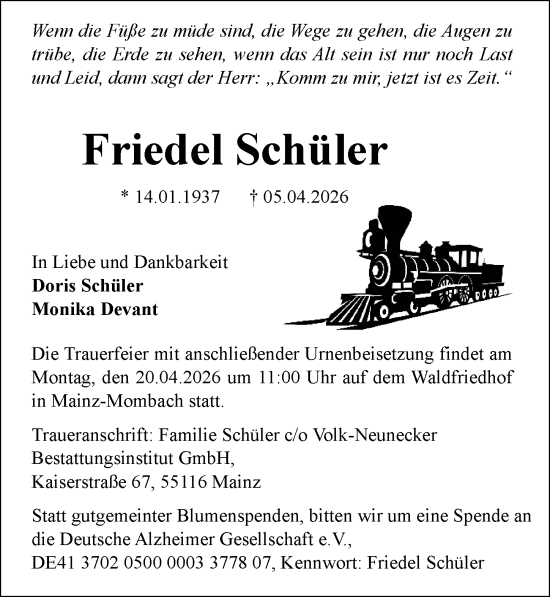 Traueranzeige von Friedel Schüler von Allgemeine Zeitung Mainz