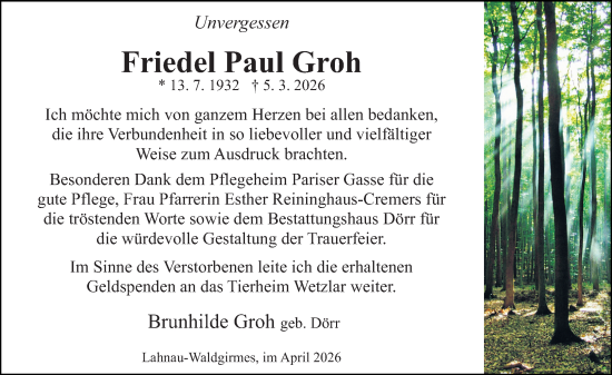 Traueranzeige von Friedel Paul Groh von Wetzlarer Neue Zeitung