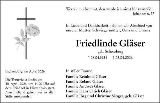 Traueranzeige von Friedlinde Gläser von Dill Block