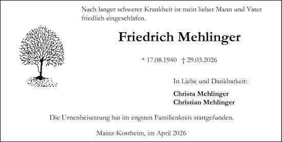 Traueranzeige von Friedrich Mehlinger von Allgemeine Zeitung Mainz