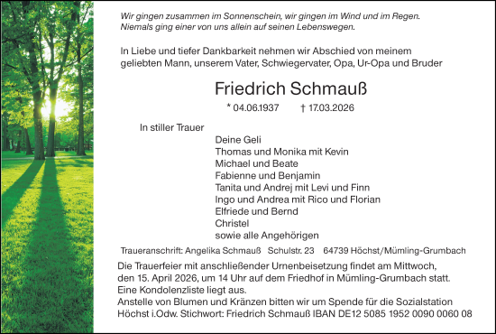 Traueranzeige von Friedrich Schmauß von Odenwälder Echo