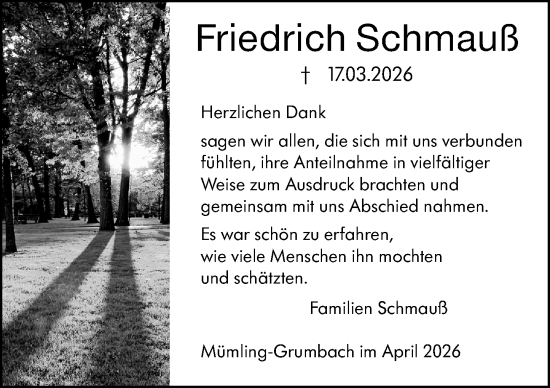 Traueranzeige von Friedrich Schmauß von Odenwälder Echo