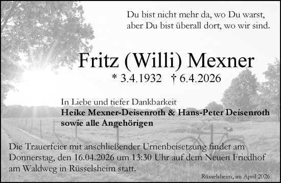 Traueranzeige von Fritz Mexner von Rüsselsheimer Echo