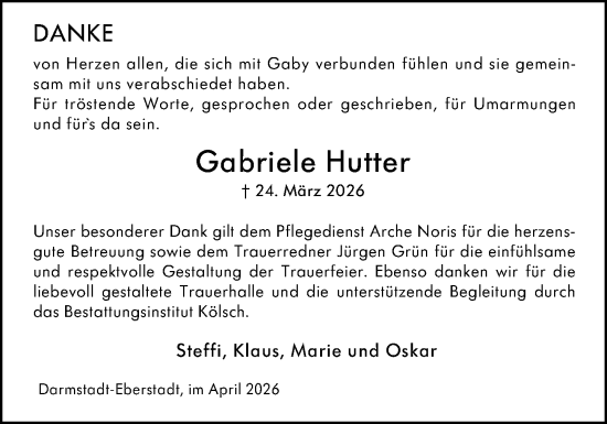 Traueranzeige von Gabriele Hutter von Darmstädter Echo