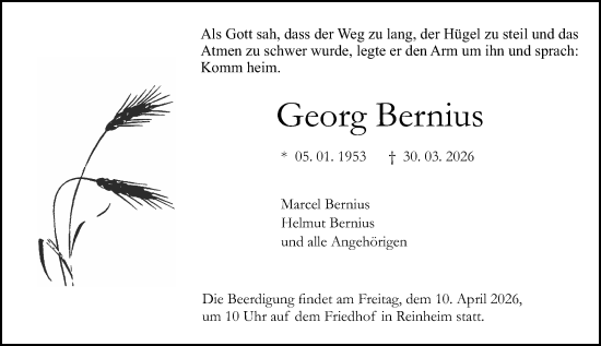 Traueranzeige von Georg Bernius von Darmstädter Echo
