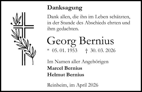 Traueranzeige von Georg Bernius von Darmstädter Echo
