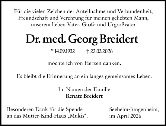 Traueranzeige von Georg Breidert von Darmstädter Echo