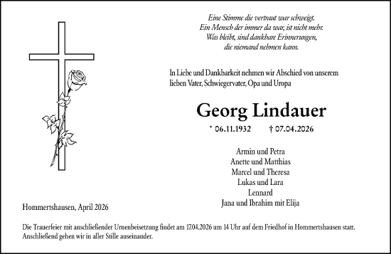 Traueranzeige von Georg Lindauer von Hinterländer Anzeiger