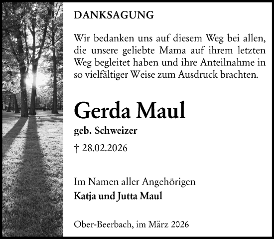 Traueranzeige von Gerda Maul von Darmstädter Echo
