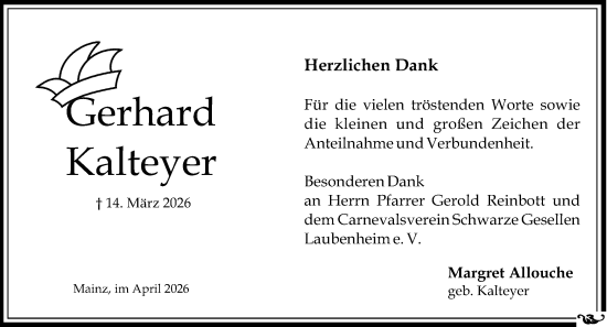 Traueranzeige von Gerhard Kalteyer von Allgemeine Zeitung Mainz