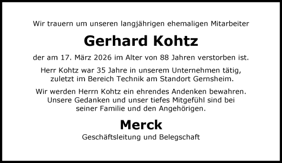 Traueranzeige von Gerhard Kohtz von Groß-Gerauer Echo