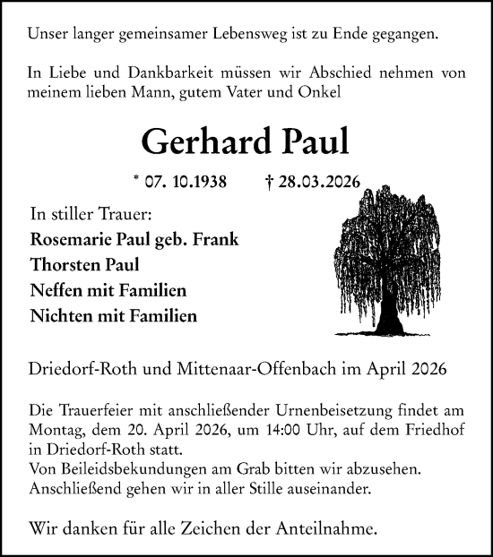 Traueranzeige von Gerhard Paul von Dill Block