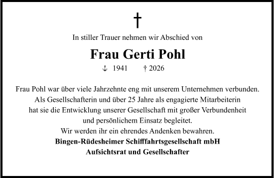 Traueranzeige von Gerti Pohl von Binger-/Ingelheimer Wochenblatt