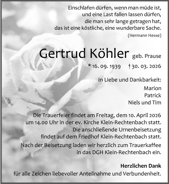 Traueranzeige von Gertrud Köhler von Wetzlarer Neue Zeitung