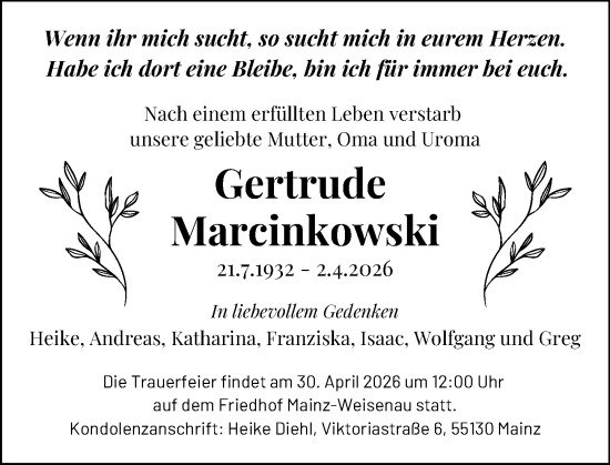 Traueranzeige von Gertrude Marcinkowski von Allgemeine Zeitung Mainz