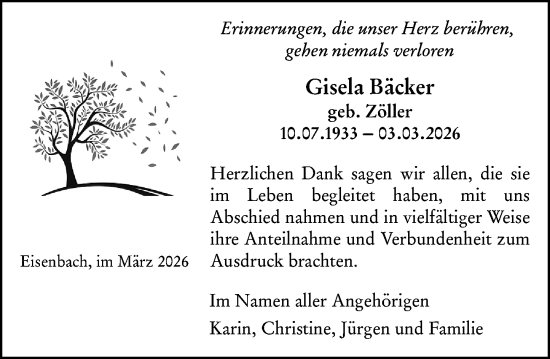 Traueranzeige von Gisela Bäcker von Camberger Anzeiger