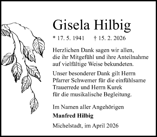 Traueranzeige von Gisela Hilbig von Odenwälder Echo