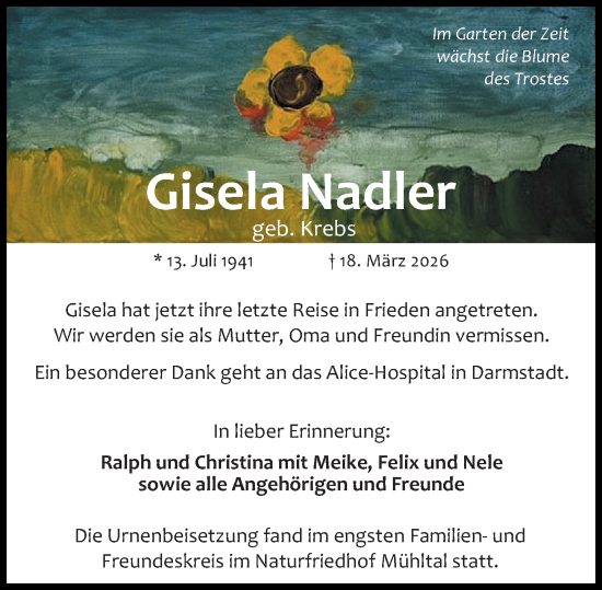 Traueranzeige von Gisela Nadler von Darmstädter Echo