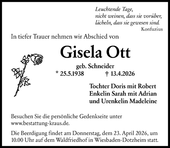 Traueranzeige von Gisela Ott von Wiesbadener Kurier