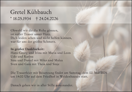 Traueranzeige von Gretel Kühbauch von Hinterländer Anzeiger