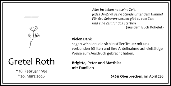 Traueranzeige von Gretel Roth von Camberger Anzeiger