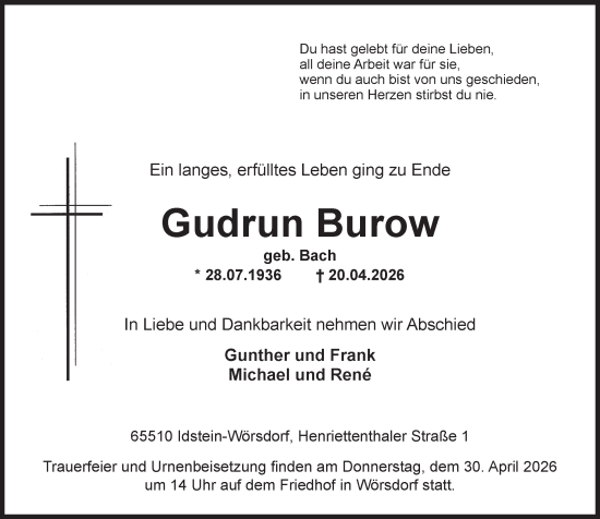 Traueranzeige von Gudrun Burow von Idsteiner Land/Untertaunus