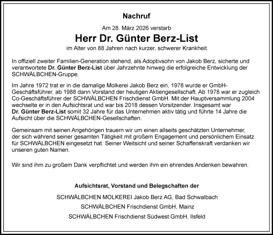 Traueranzeige von Günter Berz-List von Dieburger Anzeiger/Groß-Zimmerner Lokal-Anzeiger