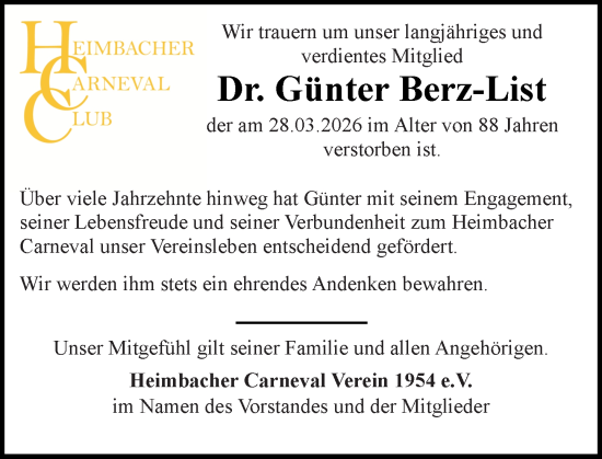 Traueranzeige von Günter Berz-List von Wiesbadener Kurier