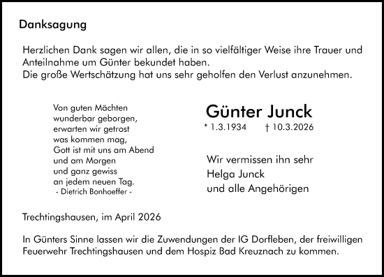 Traueranzeige von Günter Junck von Allgemeine Zeitung Rheinhessen-Nahe