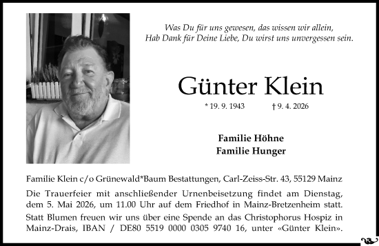 Traueranzeige von Günter Klein von Allgemeine Zeitung Mainz
