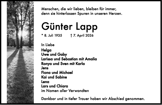 Traueranzeige von Günter Lapp von Groß-Gerauer Echo