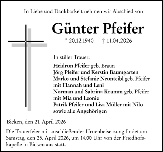 Traueranzeige von Günter Pfeifer von Dill Block