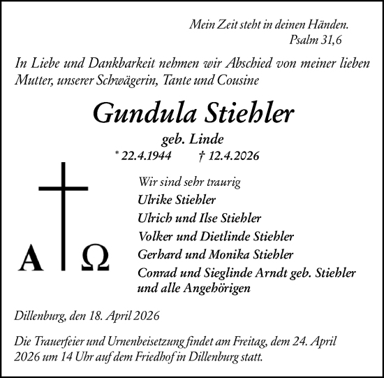Traueranzeige von Gundula Stiehler von Dill Block
