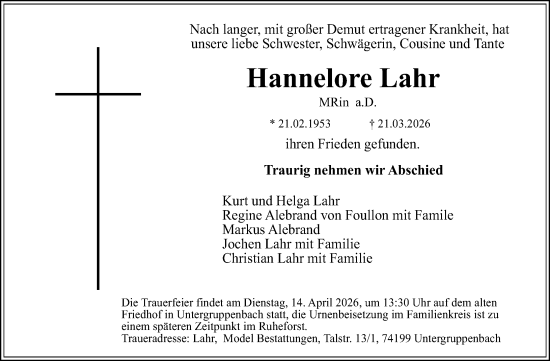 Traueranzeige von Hannelore Lahr von Allgemeine Zeitung Mainz