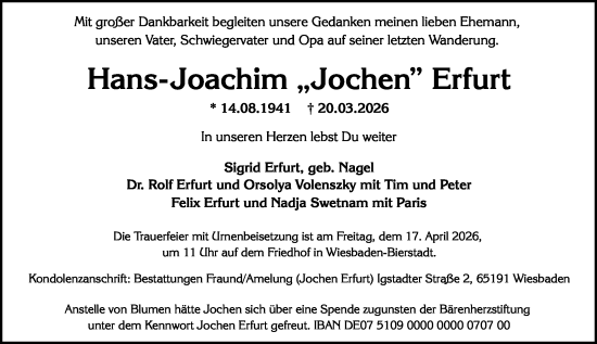 Traueranzeige von Hans-Joachim Erfurt von Wiesbadener Kurier