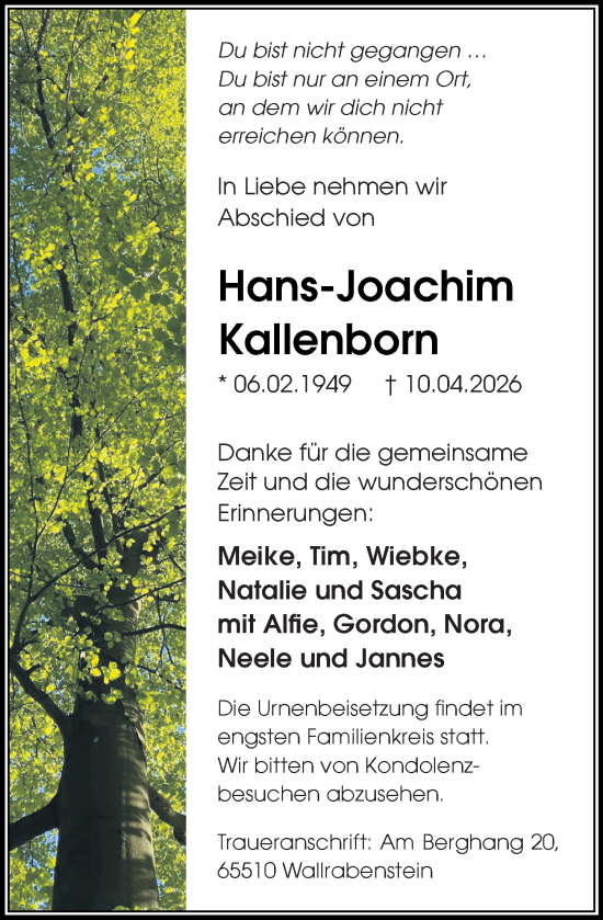Traueranzeige von Hans-Joachim Kallenborn von Idsteiner Land/Untertaunus