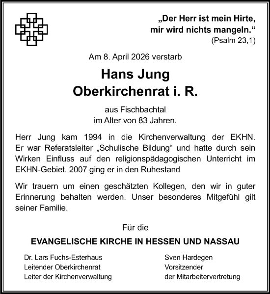 Traueranzeige von Hans Jung von Darmstädter Echo