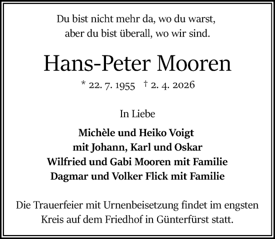 Traueranzeige von Hans-Peter Mooren von Odenwälder Echo