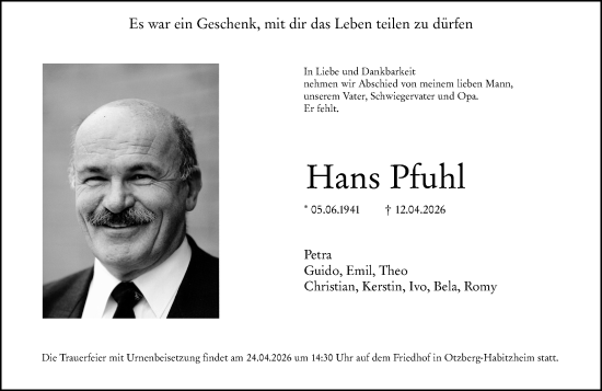 Traueranzeige von Hans Pfuhl von Odenwälder Echo