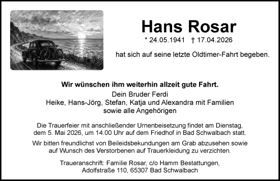 Traueranzeige von Hans Rosar von Wiesbadener Kurier