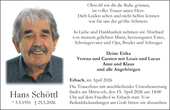 Traueranzeige von Hans Schöttl von Camberger Anzeiger