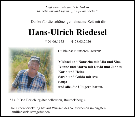 Traueranzeige von Hans-Ulrich Riedesel von Hinterländer Anzeiger