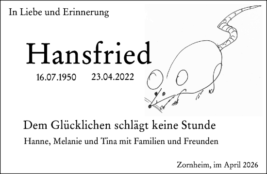 Traueranzeige von Hansfried  von Allgemeine Zeitung Mainz