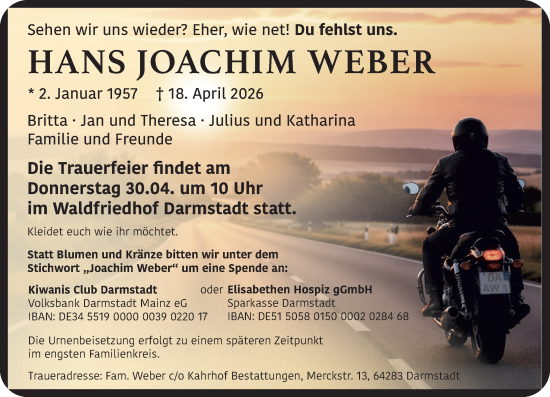 Traueranzeige von Hans Joachim Weber von Darmstädter Echo