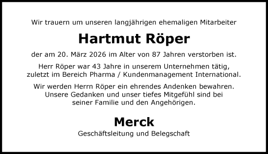 Traueranzeige von Hartmut Röper von Darmstädter Echo
