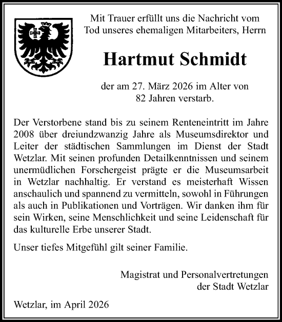 Traueranzeige von Hartmut Schmidt von Wetzlarer Neue Zeitung