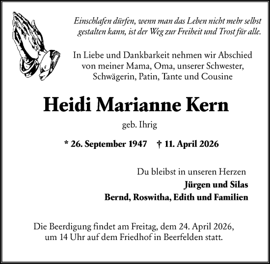 Traueranzeige von Heidi Marianne Kern von Odenwälder Echo